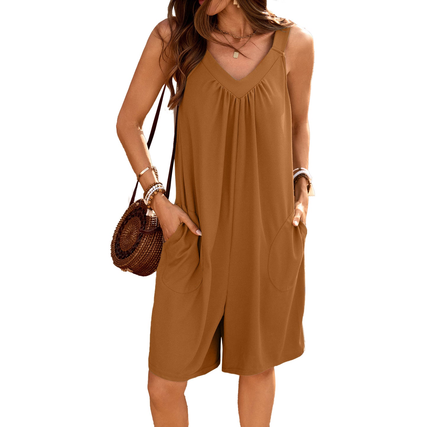 Solid-color V-neck Loose-fit Sleeveless Jumpsuit With Pockets