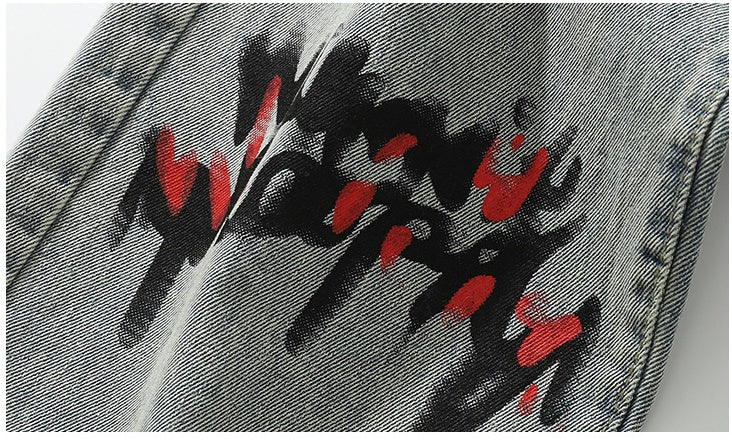 High Street Hip-hop Graffiti Print Loose Drape Mopping Straight Casual Denim Trousers For Men And Women