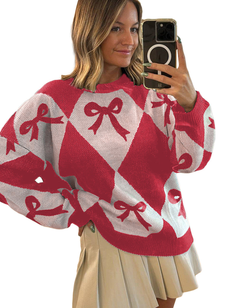 Womens Trendy Pullover Sweater With A Bow-knot Print And Long Knitted Sleeves