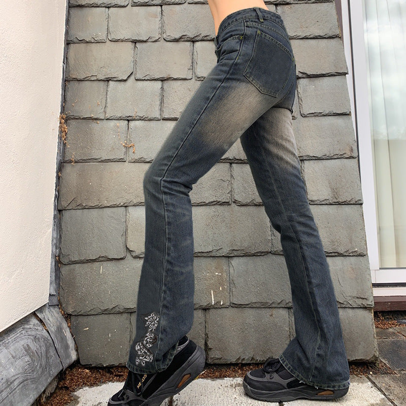 European And American Street Hipster Style Autumn New Women's Embroidered Pattern Retro Color With Diamond Slim Fit Slimming Jeans
