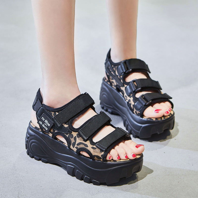 Summer Large Size Sandals Thick-soled Leopard Print Widened Women's Shoes