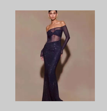 Womens Sexy Long Figure-hugging Off-shoulder Dress