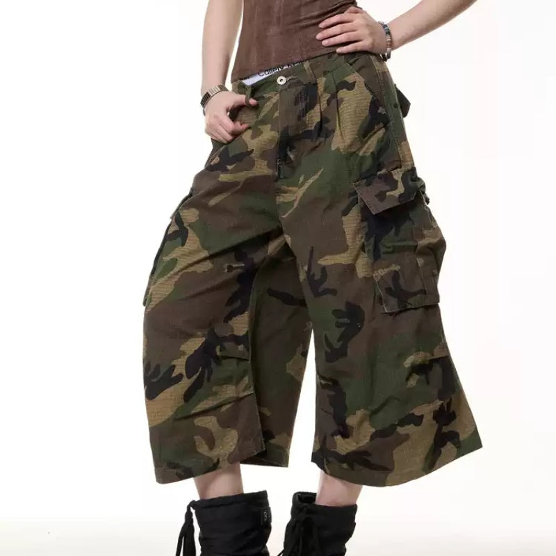 Retro Camouflage Workwear Shorts Loose Straight Wide Leg