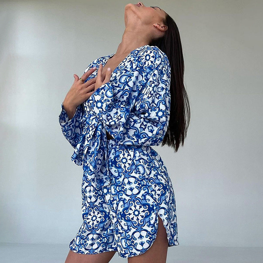 Printed Loose Cozy Long-Sleeve Shorts Pajama Set