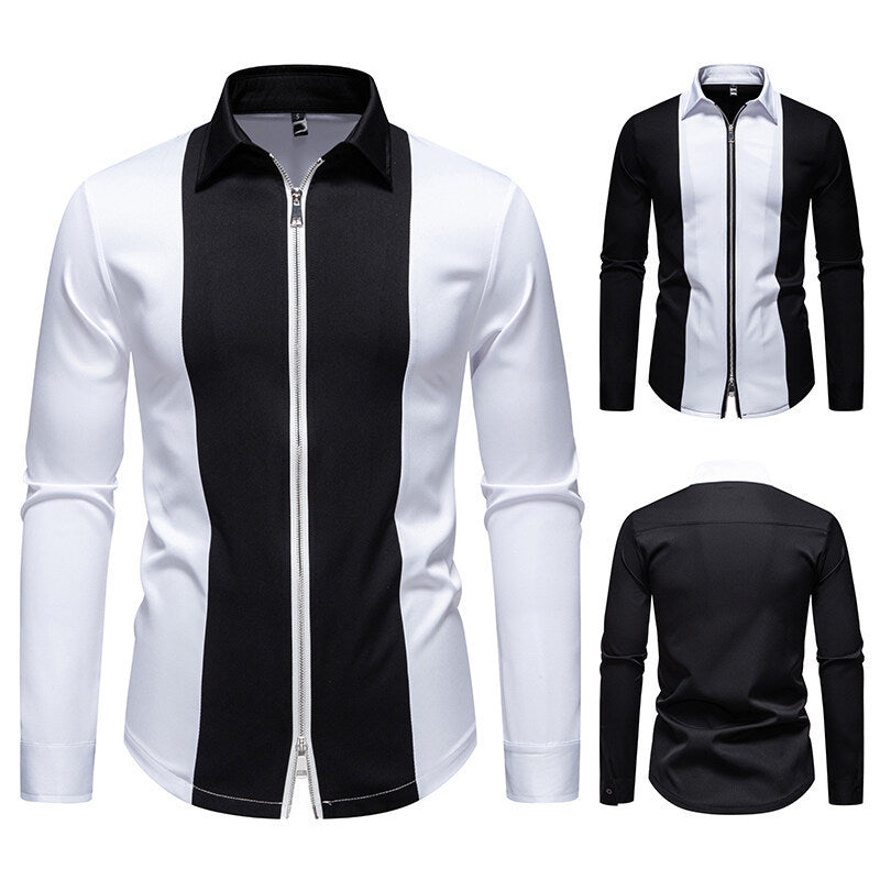 Color Block Zipper Design Plus Size Long Sleeve Shirt