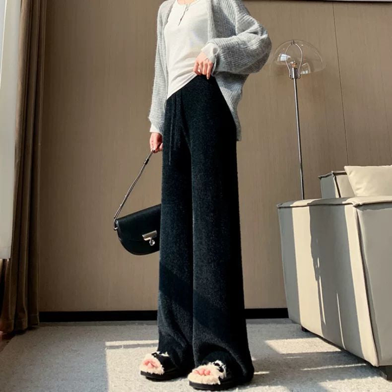 High-waisted Casual Pants Soft  Straight-leg Knitted Trousers