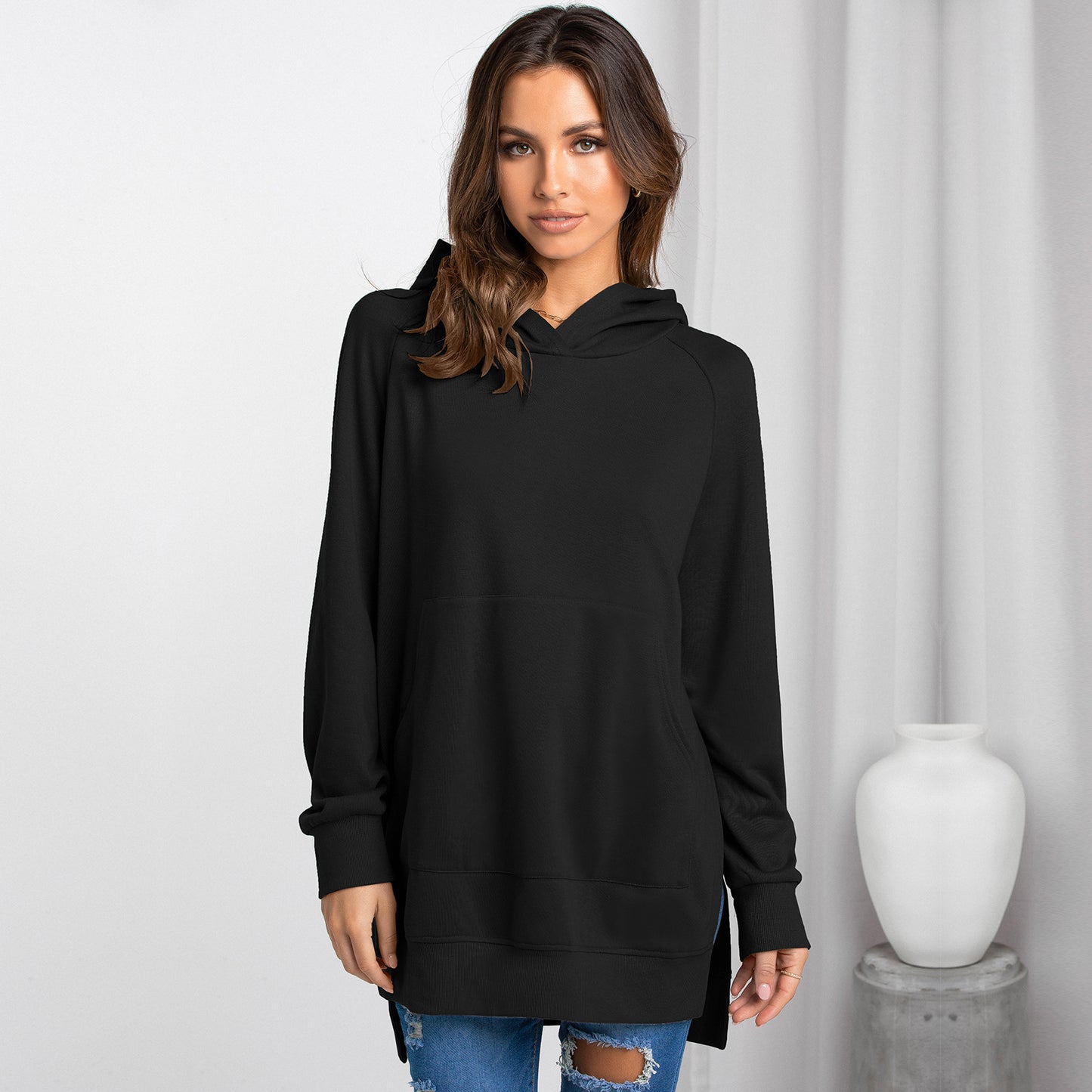 Women's Fashion Hooded Pullover Solid Color Sweatshirt Top