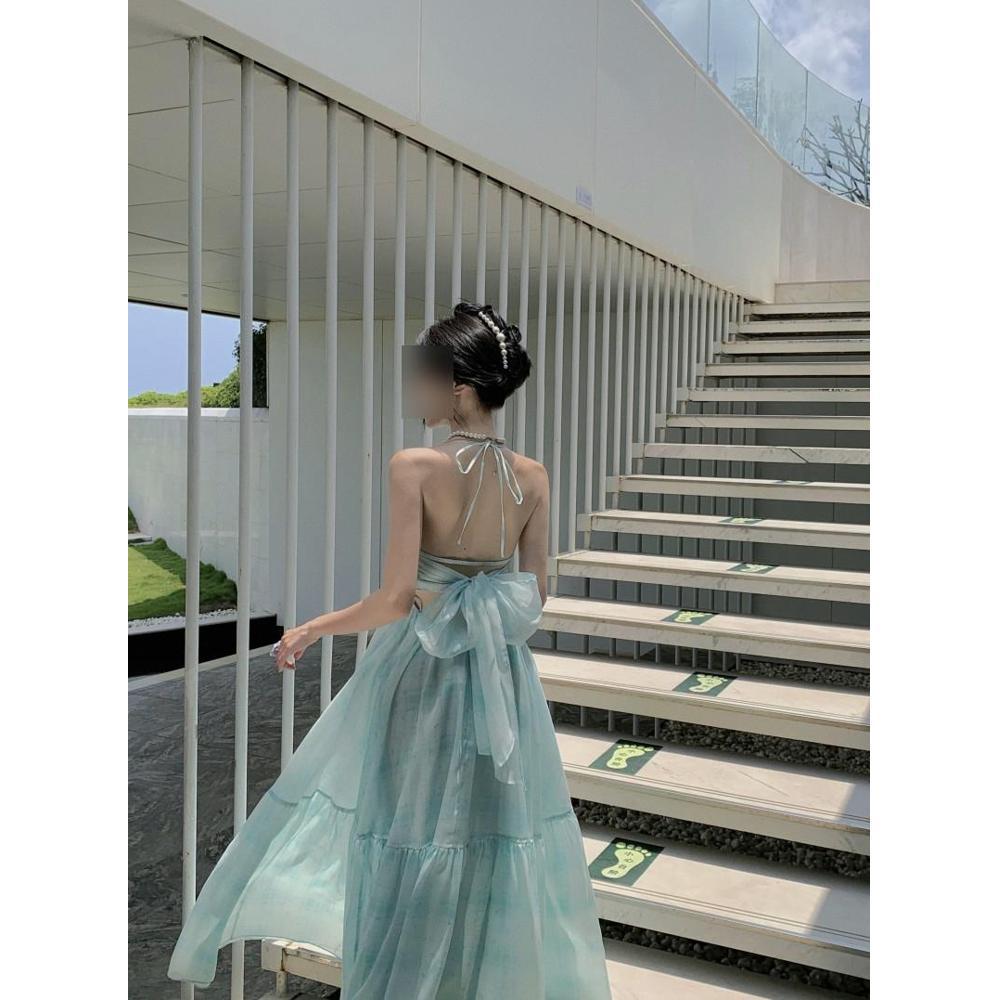 Womens Backless Halter-Neck Slip Dress With Built-in Bra Pads