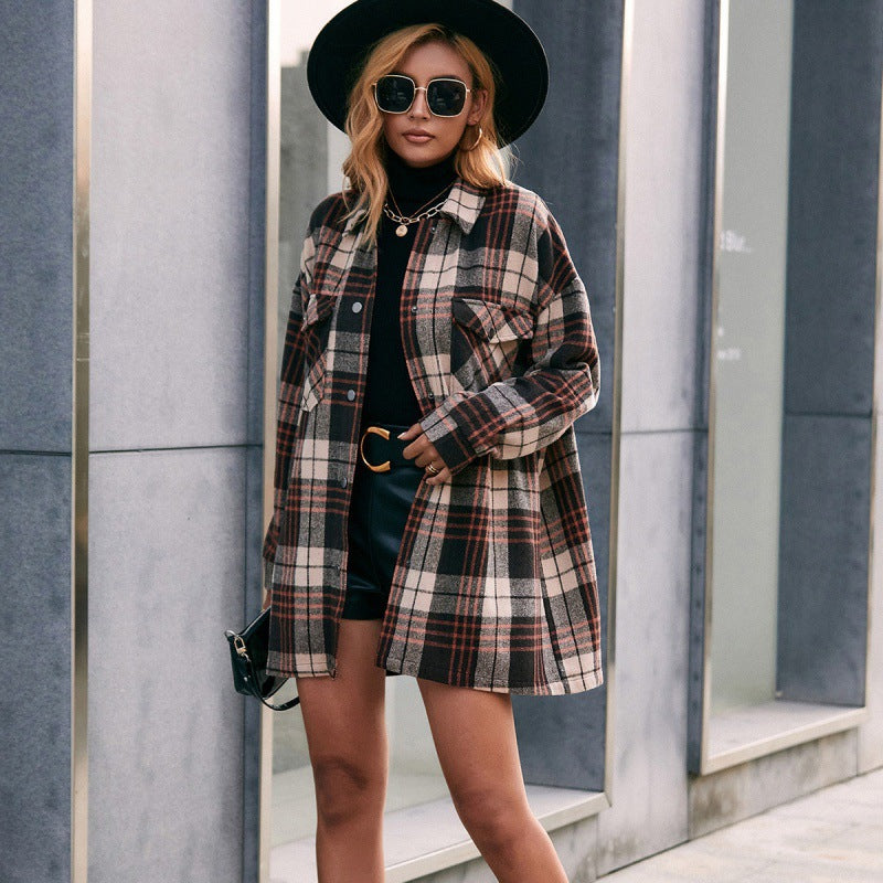 Casual Plaid Single-breasted Mid-length Trench Coat Shirt