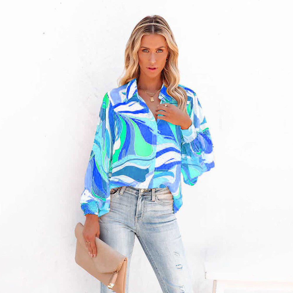 Lantern Sleeve Lapel Cardigan Casual Shirt For Women