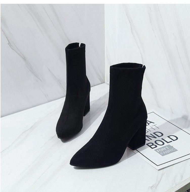 Black suede pointed toe heel high heel ankle boots