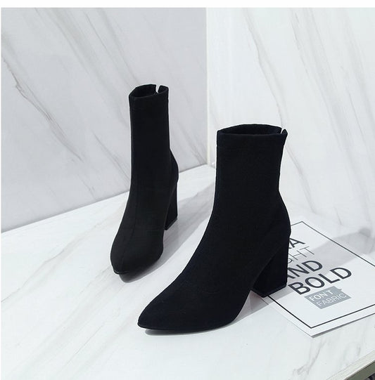 Black suede pointed toe heel high heel ankle boots