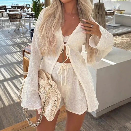 Resort-style Relaxed Set Tie-front Top With Elastic Waist