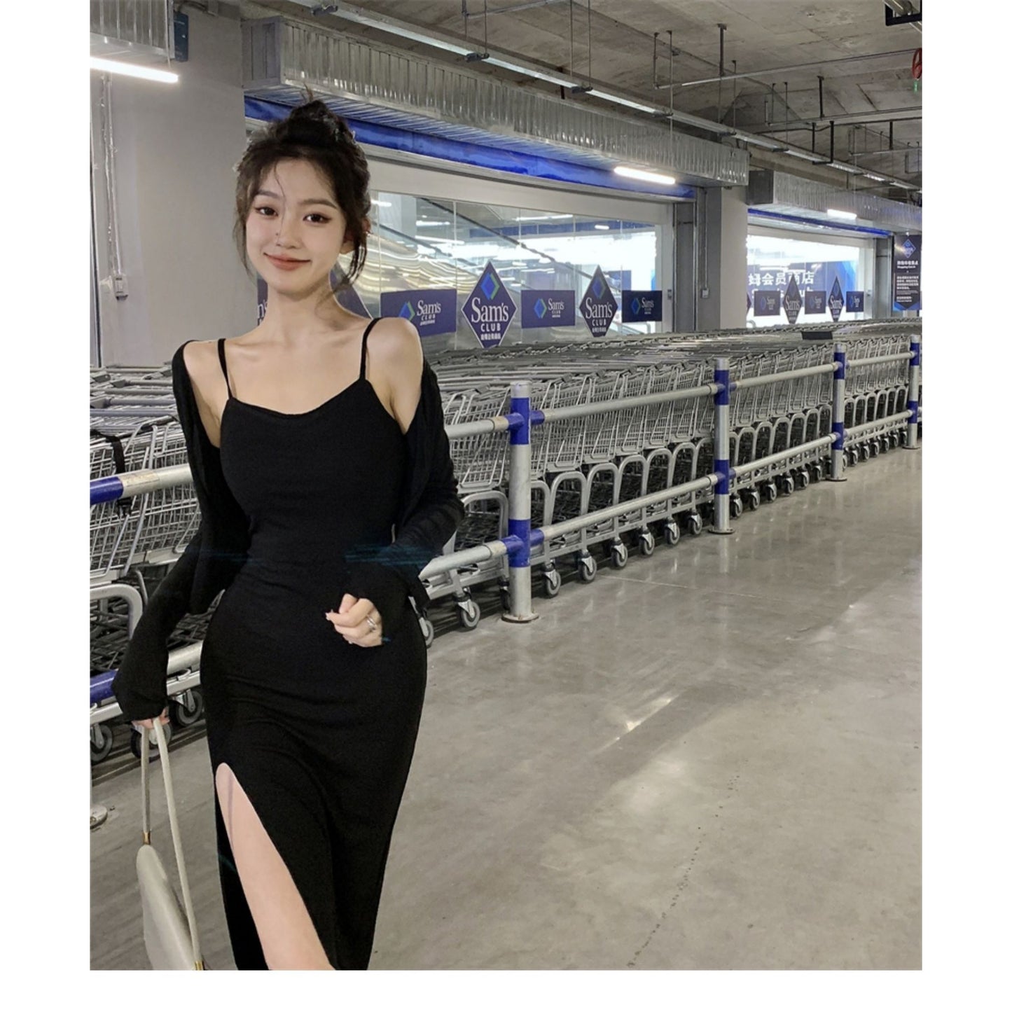 Strap Sheath Dress And Long-sleeve Cardigan Fashionable Two-piece Set