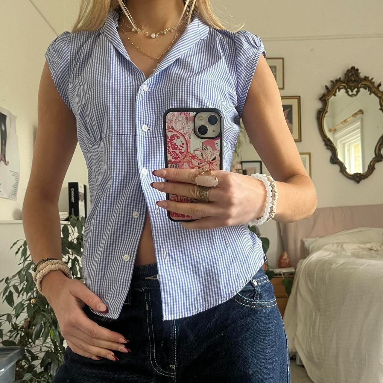 Red And White Short Sleeve Plaid Shirt Women