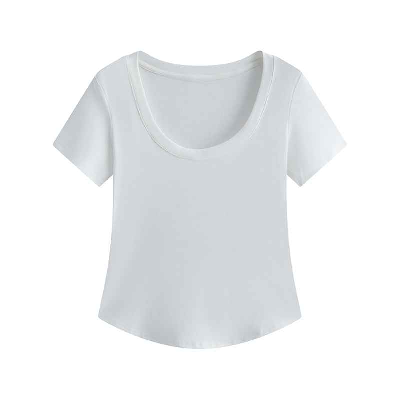 Slightly Chubby Mm Front Shoulder Slim Fit And Slimming Large U-neck Short Sleeved Shirt