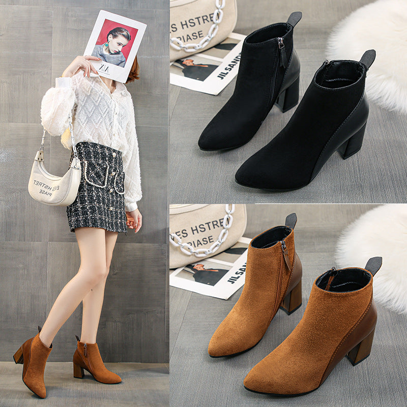 Women's Plus Size New High-heeled Pointed Thick-heeled Martin Boots