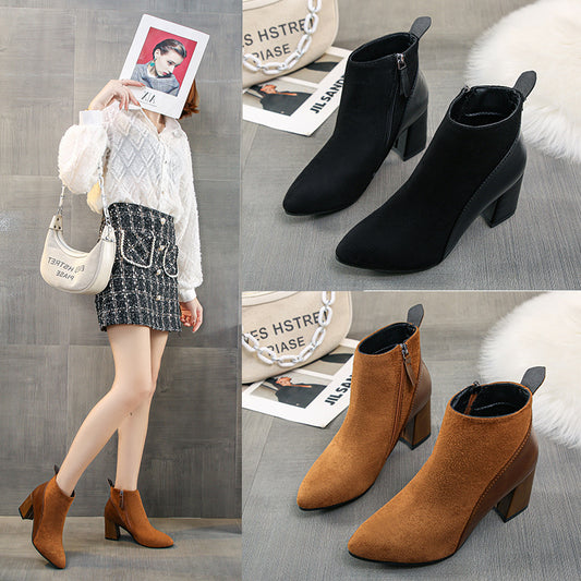 Women's Plus Size New High-heeled Pointed Thick-heeled Martin Boots