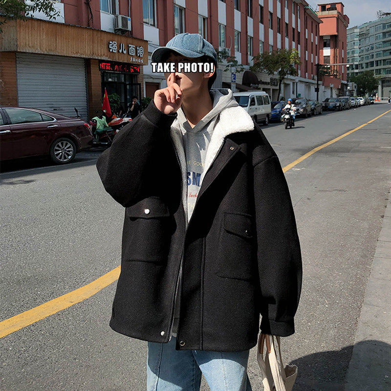Lamb Plush Woolen Coat For Men, Versatile In Winter Japanese Style, Thickened For Warmth