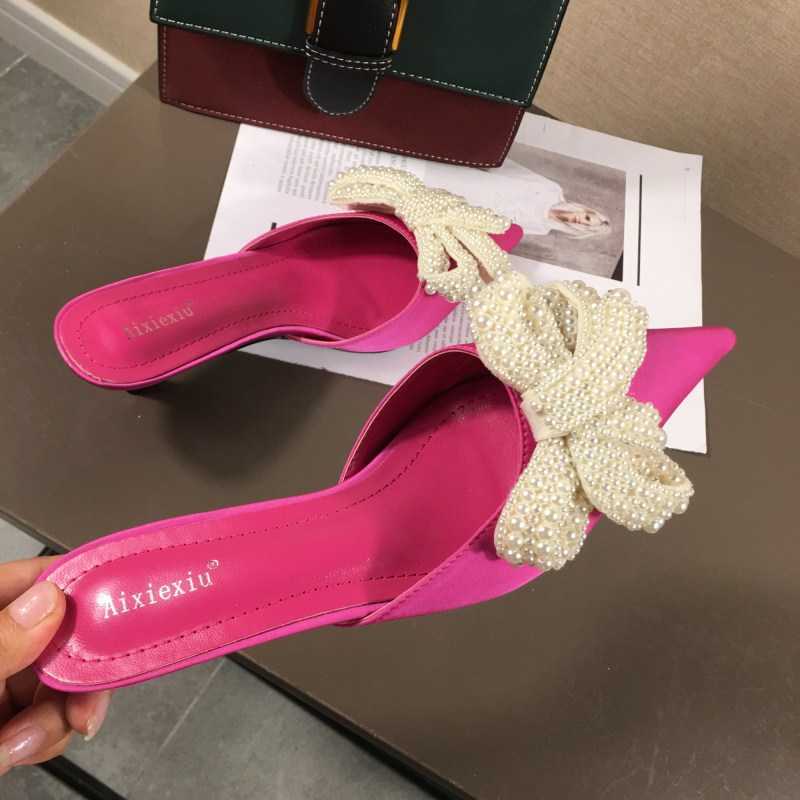 New Net Red Pearl Rhinestone Bow Stiletto Sandals