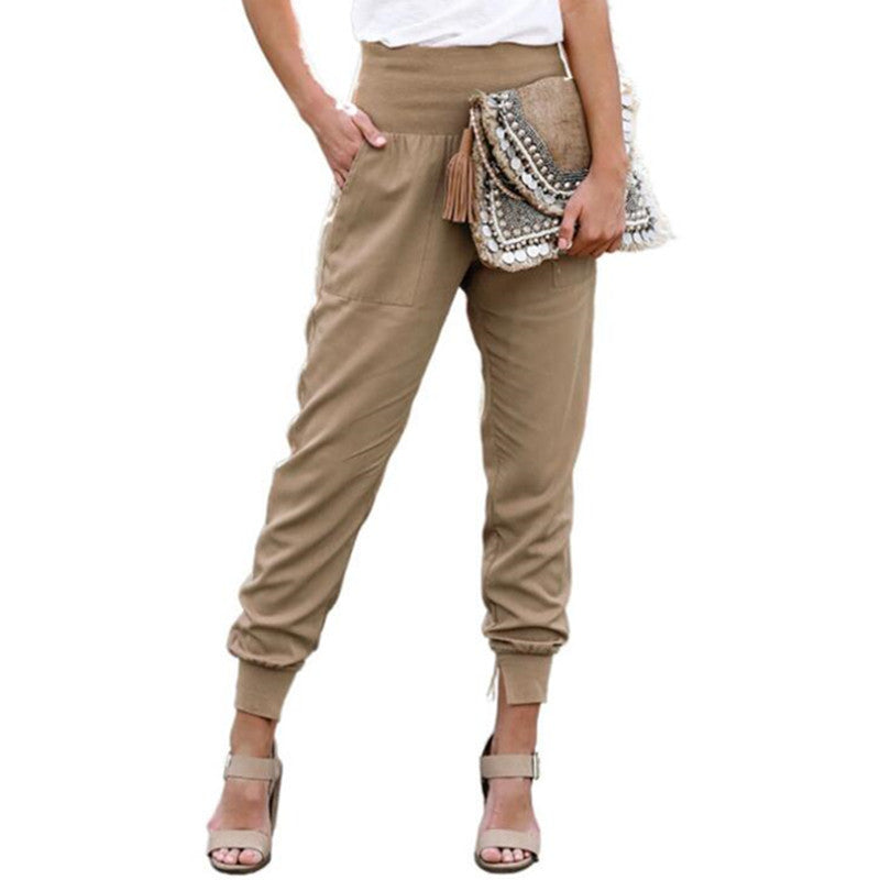 Solid Color Women's High Waist Cropped Trousers with Slits