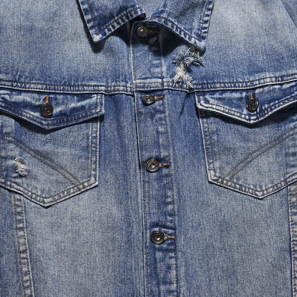 Spring And Autumn Denim Jacket Men's Washed Wear-White Ripped