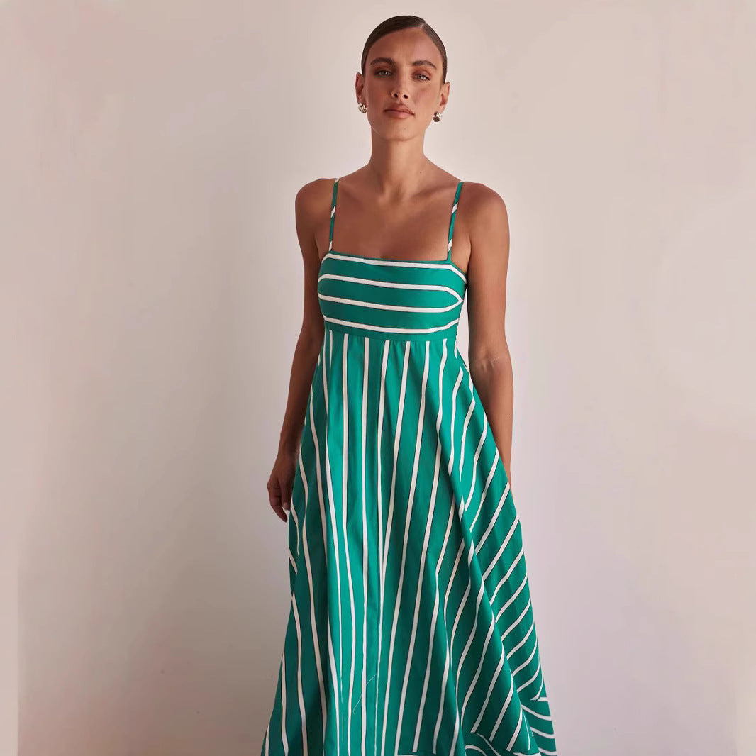 Womens Fashionable Simple Striped Strap Backless Maxi Dress