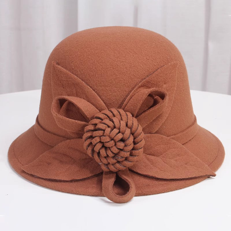 Korean Style Autumn And Winter Women's Woolen Hat Flowers British Retro Fisherman Basin Hat