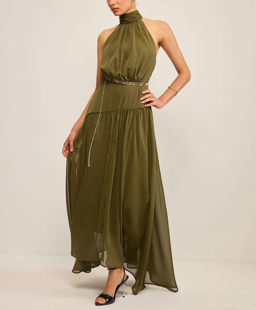 Womens Halterneck Cutout Back Dress With Flowing Ribbons