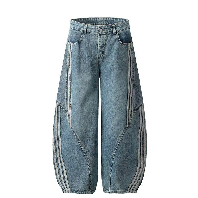 American-style Retro Streetwear Hip-hop Striped Denim Wide-leg Pants