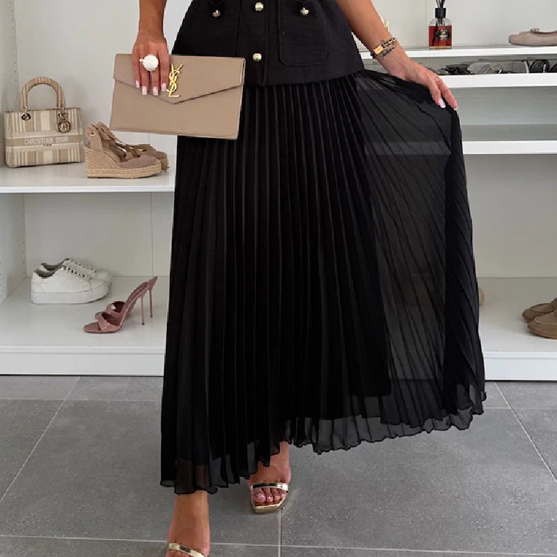 Sleeveless Chanel-style Vest Paired With A Mesh Pleated Skirt Two-piece Set