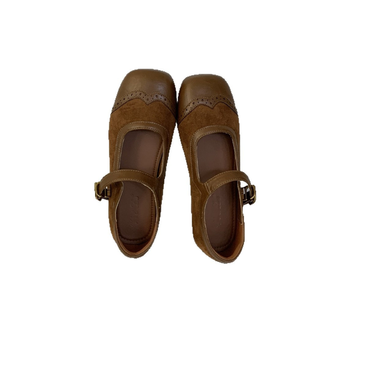 Retro Brown Square-toe Carved Embellished Slingback Mary Jane Shoes