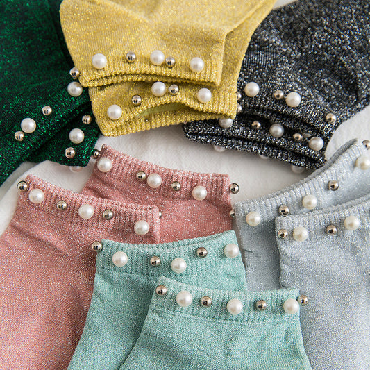 New Female Handmade Beaded Silver Silk Pearl Boat Socks