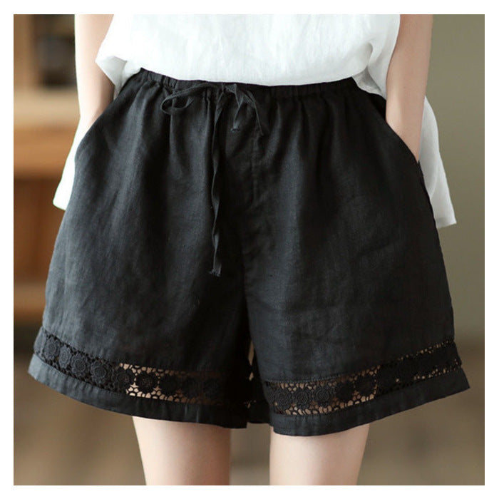 Thin Elastic-Waist Lace-up Hollowed-Out Casual Cotton-Linen Straight Pants