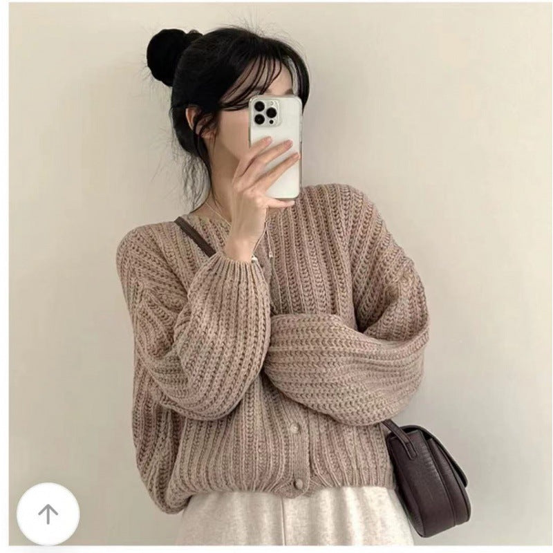 Lazy Solid Color Top Women's Sweater Coat Loose Round Neck Single Breasted