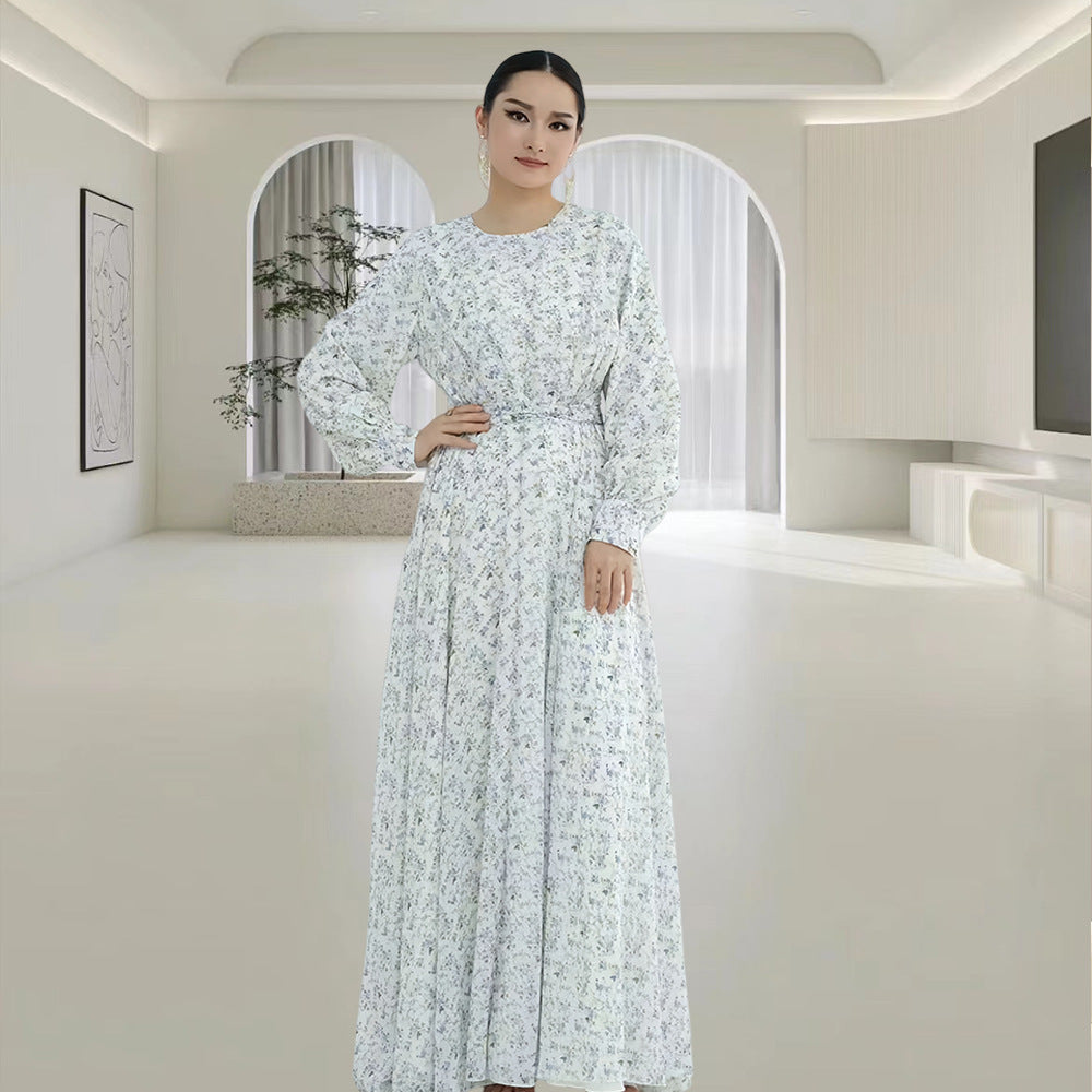 Crew-neck Floral-print Midi Dress With A Matching Belt For A Slimming Fit