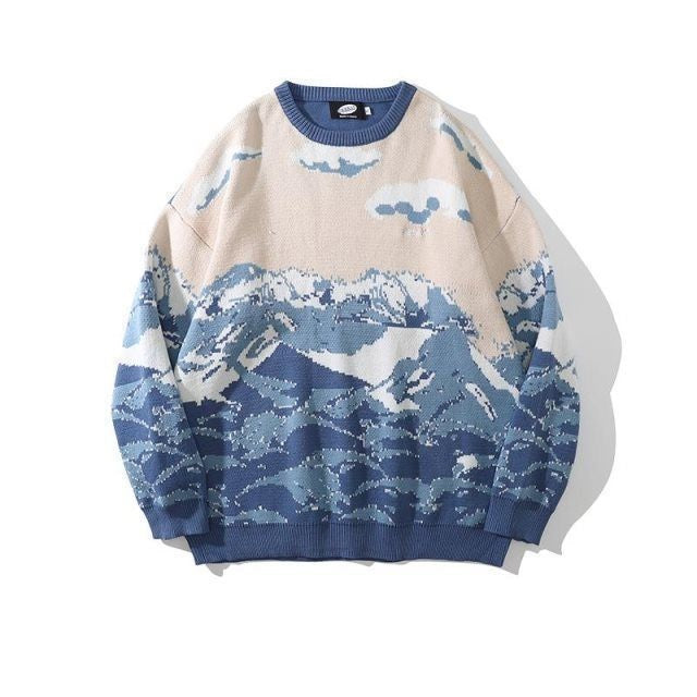 Amerikansk Modebrand Retro Snow Mountain Tie-dye Crew Neck Pullover Sweater