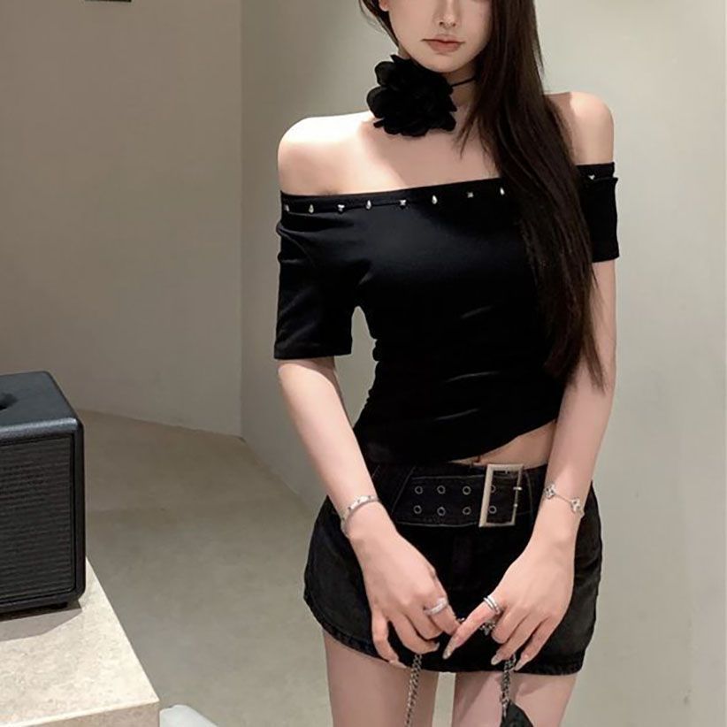 Womens Asymmetrical Off-Shoulder Short-Sleeve Slim-Fit Top