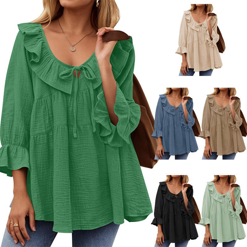 Round Neck Tied Front Dart Multi-layer Loose Waist Shirt