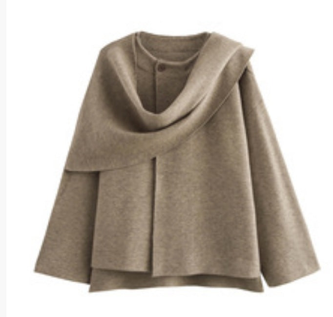 Women's Asymmetric Scarf Short Knitted Overcoat Jacket