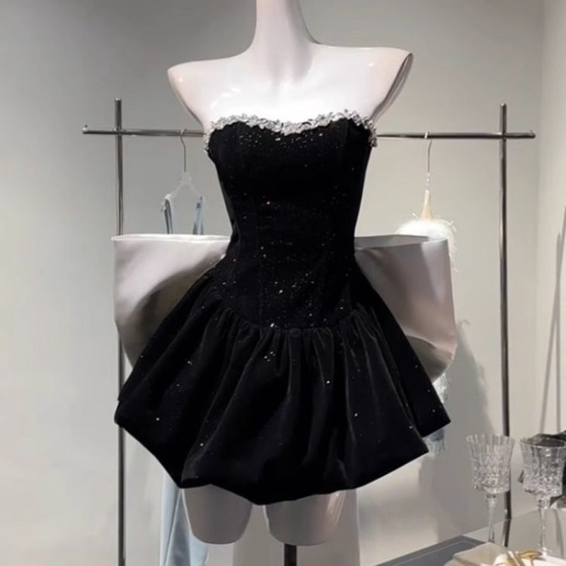 Birthday Little Dress High-end Light Luxury Niche Princess Puff Dress Bow Strapless Velvet Dress