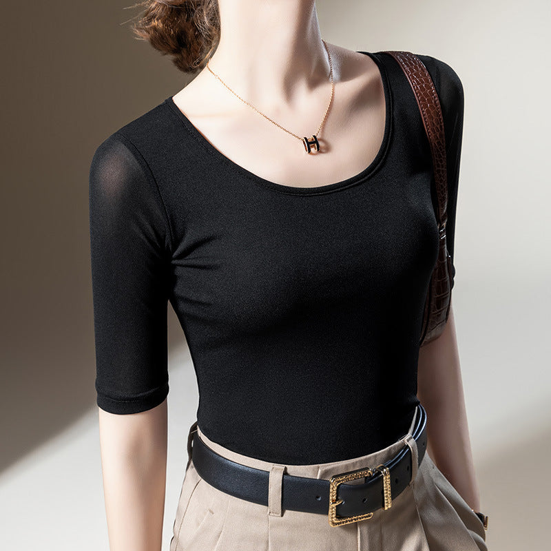 Elegant Langærmet Mesh T-shirt til Kvinder Ensfarvet Taljestretch Top