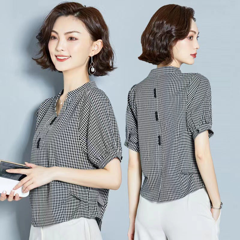 Women's Short-sleeved Plaid Chiffon Shirt Niche Design V-neck Belly-covering Coat