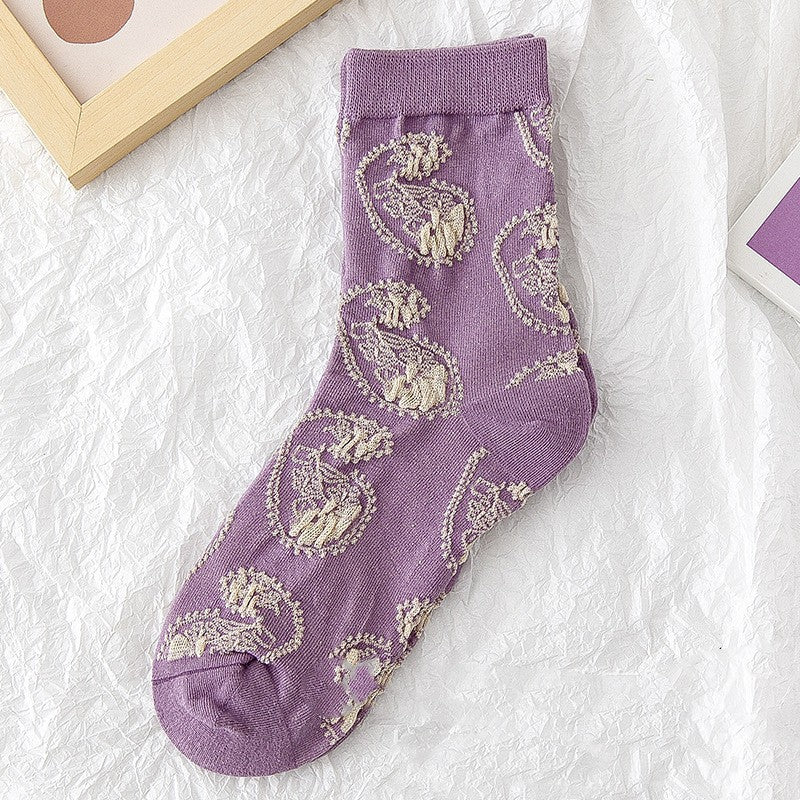 Pure Cotton Spring And Autumn Japanese Retro Floral Fashion Personality Outside The Long Socks Female