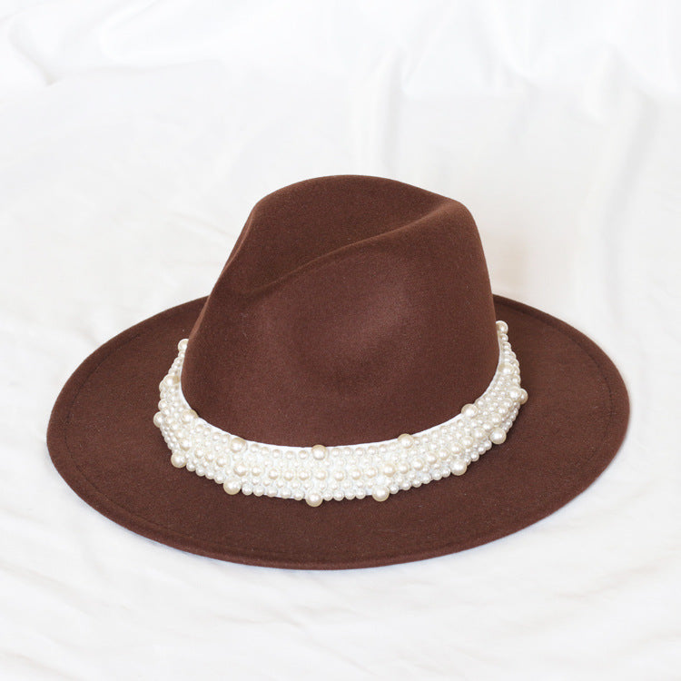 Handmade Pearl Top Hat Big Brim Fur Felt Hat