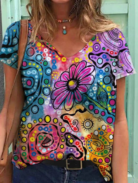 V-neck Abstract Painting Printed Short Sleeve