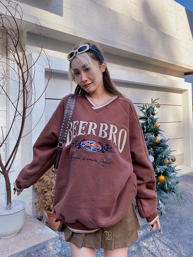Embroidered Racing Street Style Contrast V Neck Top