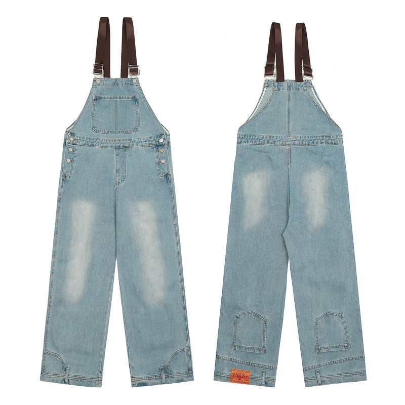 Retro Flip-down Denim Brace Wide Leg Straight Casual Jumpsuit