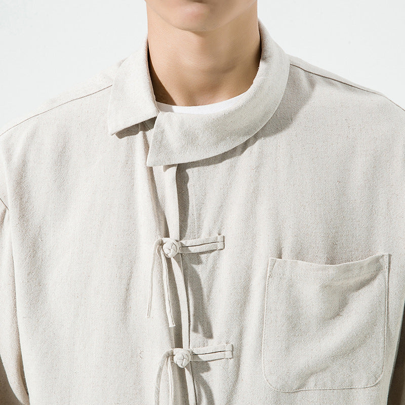 Vintage Linen Men's Casual Long-sleeved Shirt Oversized Frog Button Hanfu
