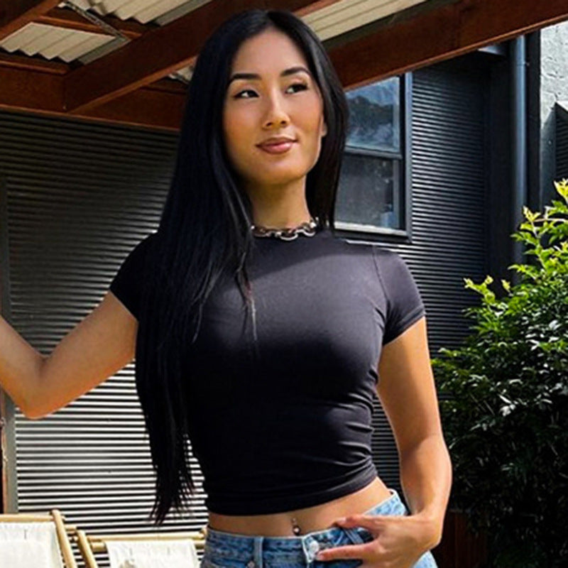 Minimalist Basic Pure Color Tight European And American Knitted Pullover Short Sleeve